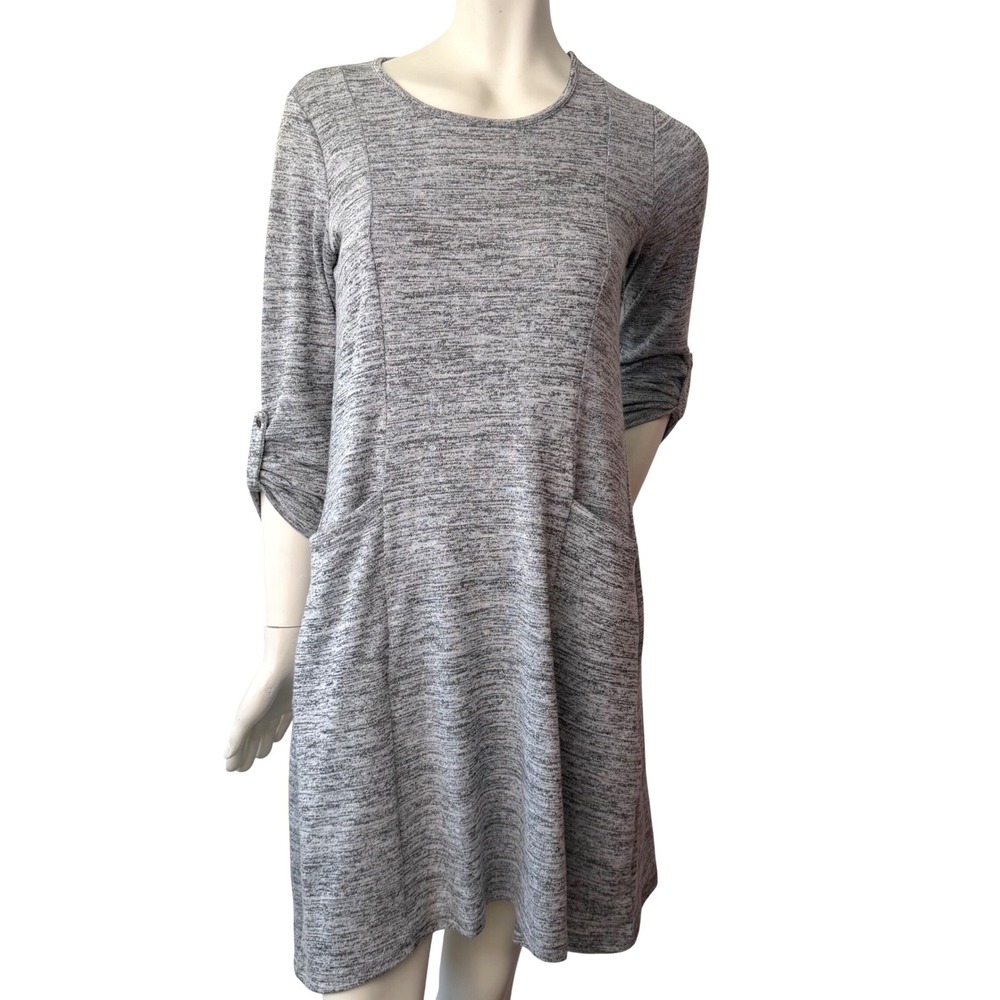 Papa Vancouver Knit Dress Roll Tab Sleeve Pockets Grey Marled Cozy Lagenlook S